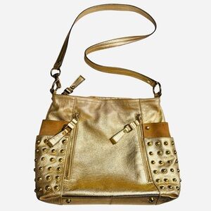 Y2K B. Makowsky Gold Genuine Pebble Leather Studded Shoulder/Crossbody Bag